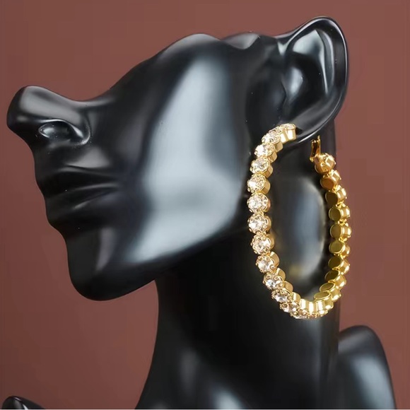 Gold Shiny Rhinestone Hoop Earrings - Picture 2 of 7